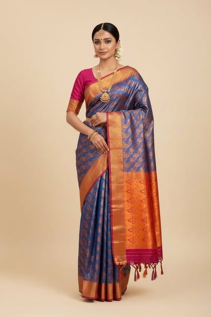 Vegan Silk Saree Blue Colour with Pink and Copper Border