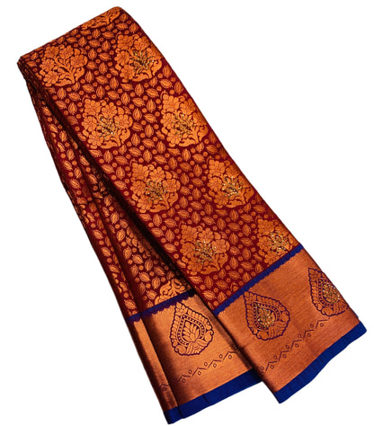 Vegan Silk Saree Maroon Colour with Copper and Blue Border