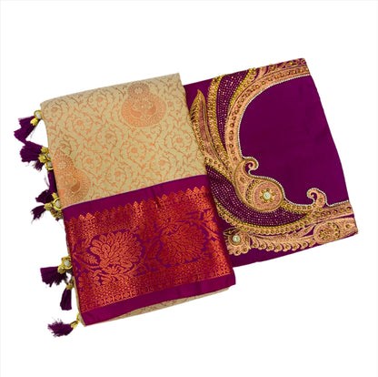 Bridal Vegan Silk Saree Tussar Colour with Copper Border with Unstitched blouse in Aari work