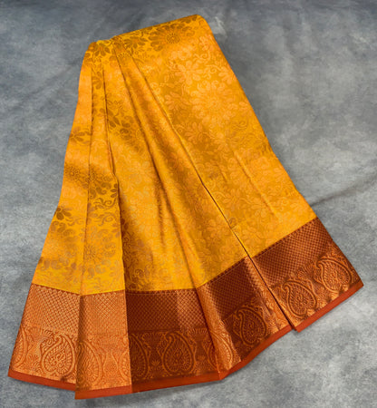 Vegan Silk Saree Yellow Colour Saree with Copper Border