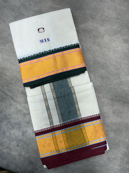10X6 Cotton Dhoti White Colour with Yellow Border