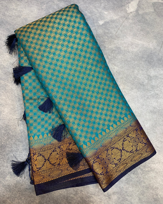 Crepe Saree Sky Blue Colour with Navy Blue Border