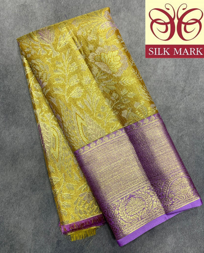 Mustard Yellow Shade Pure Kanchipuram Kids Pattu Pavadai with Contrast Border for Newborn to 2 Years