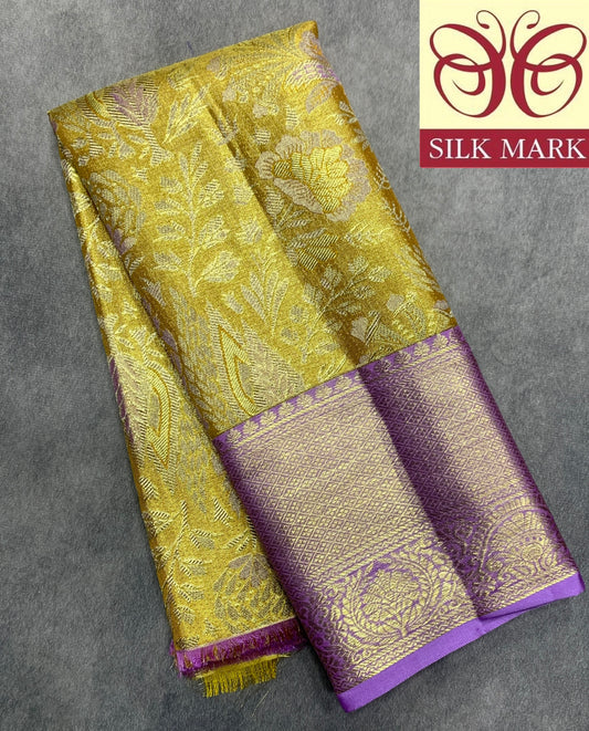 Mustard Yellow Shade Pure Kanchipuram Kids Pattu Pavadai with Contrast Border for Newborn to 2 Years