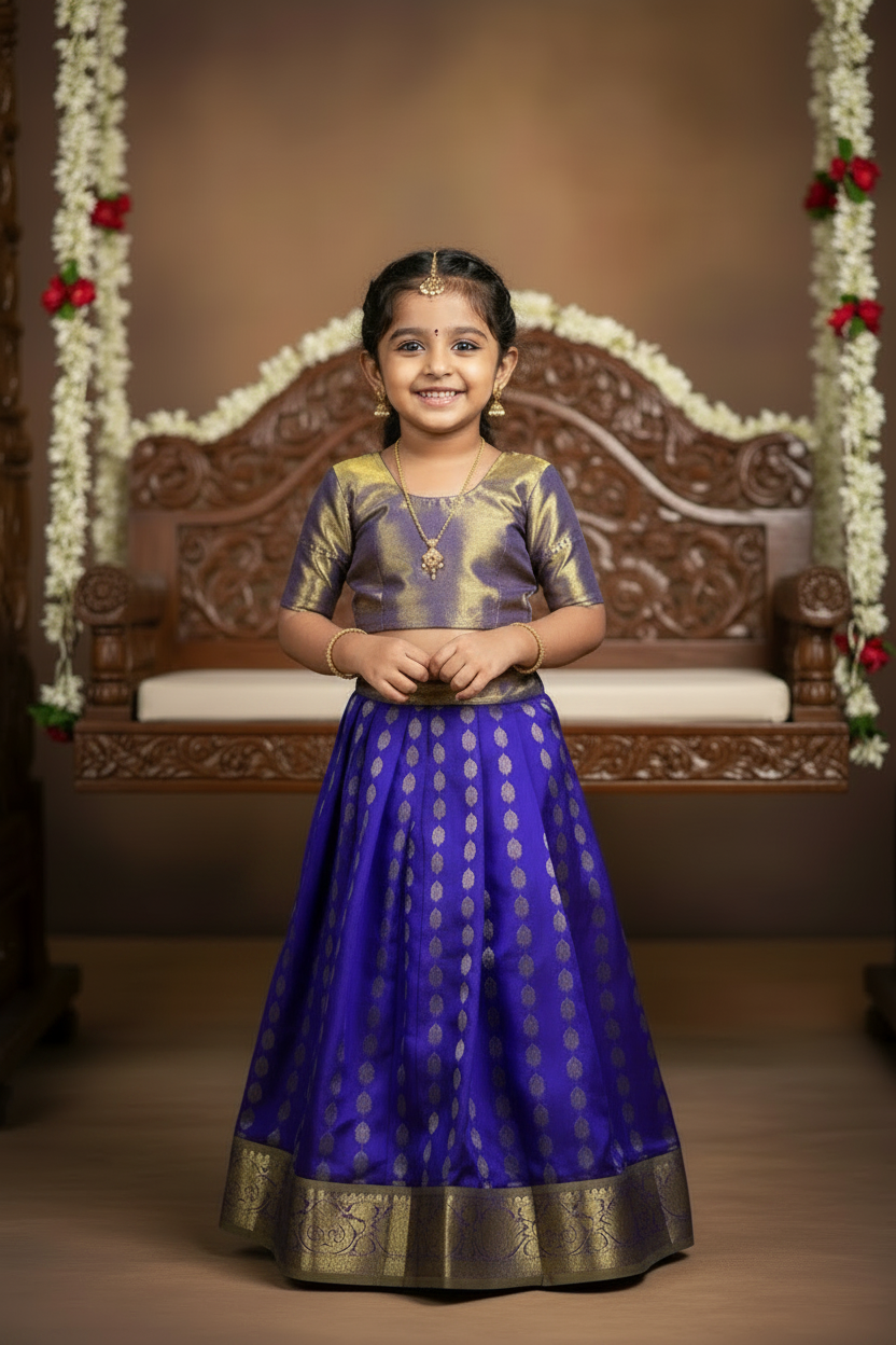 Ink Blue Shade Pure Kanchipuram Kids Pattu Pavadai with Contrast Border for Newborn to 2 Years