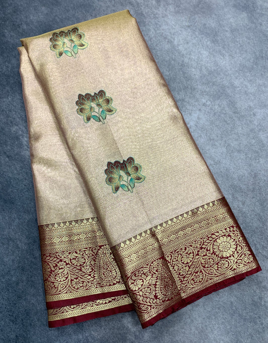 Fancy Tissue Saree Golden Colour with Maroon Border