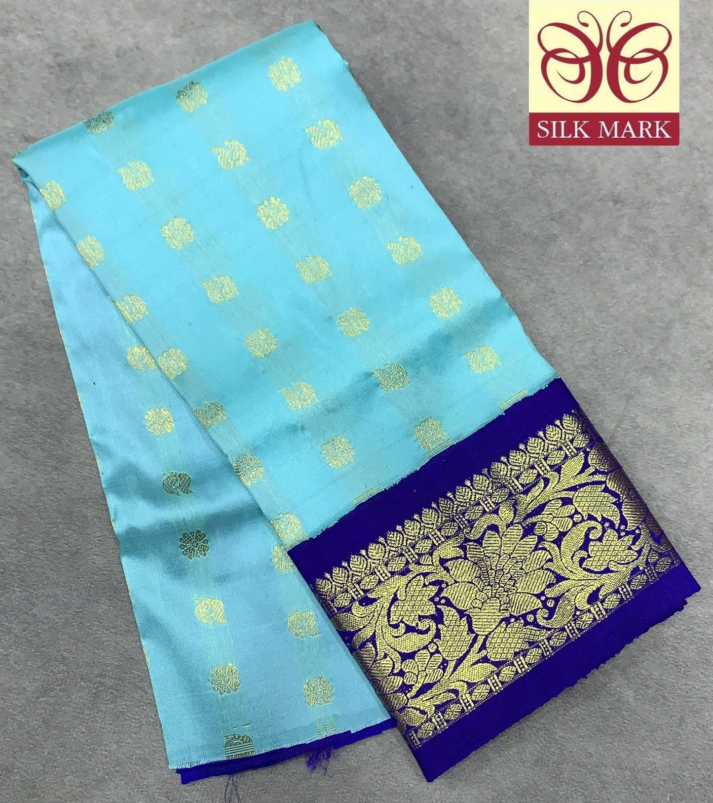Sky Blue Shade Pure kanchipuram Kids Pattu Pavadai with Contrast Border for Newborn to 2 Years