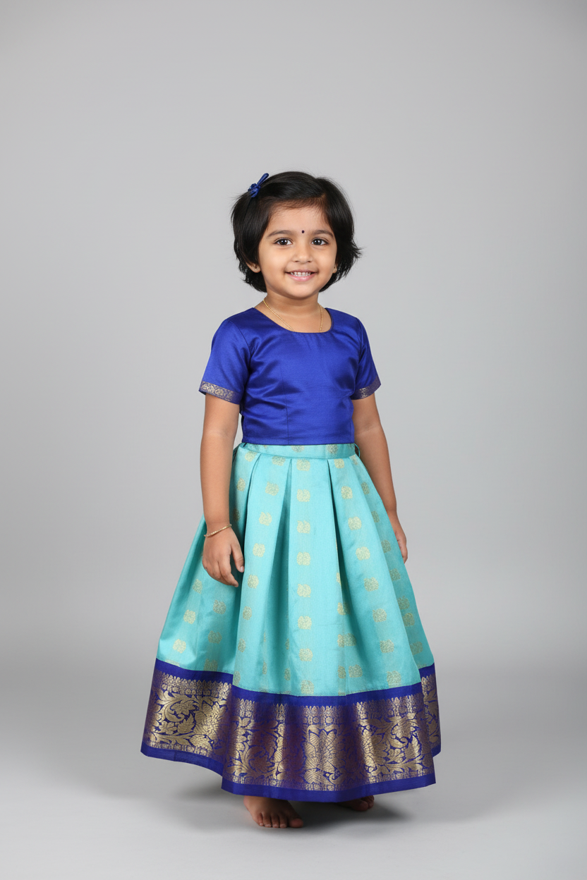 Sky Blue Shade Pure kanchipuram Kids Pattu Pavadai with Contrast Border for Newborn to 2 Years