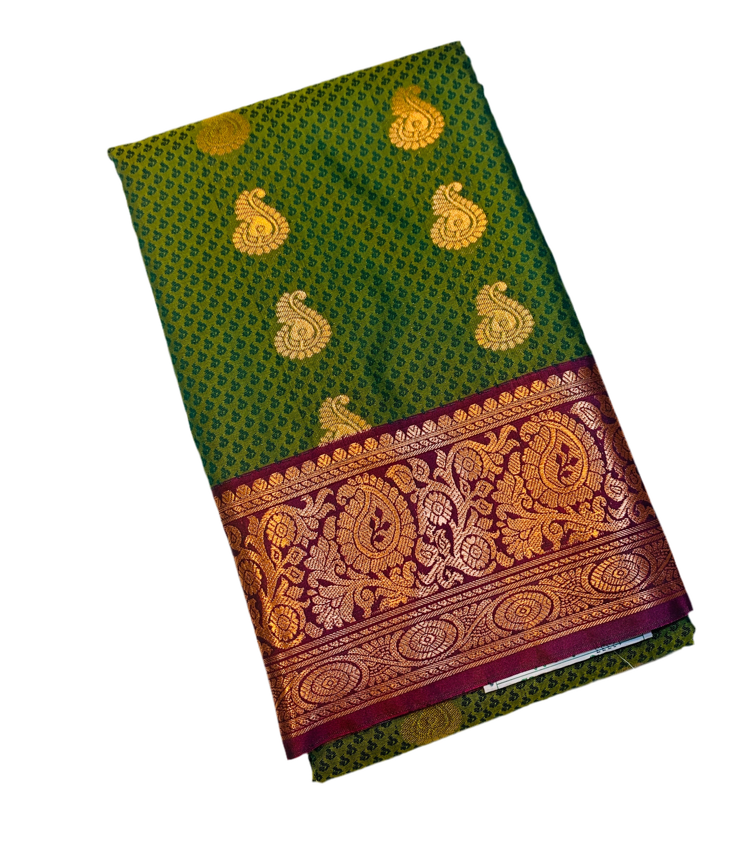 Vegan Silk Saree Olive Green Colour with Brown Border