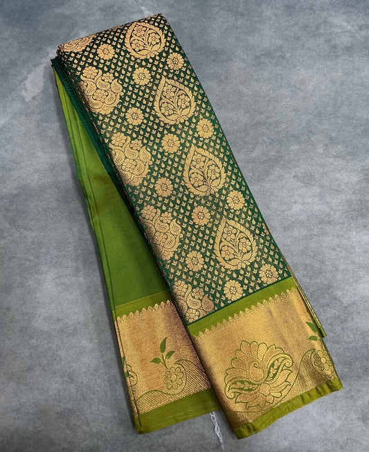 Vegan Silk Saree Light Green Colour with Copper and Olive Green Border