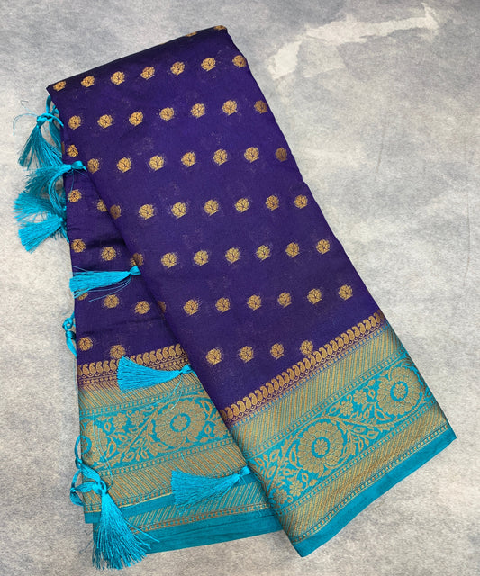 Crepe Saree Navy Blue Colour with Sky Blue Border