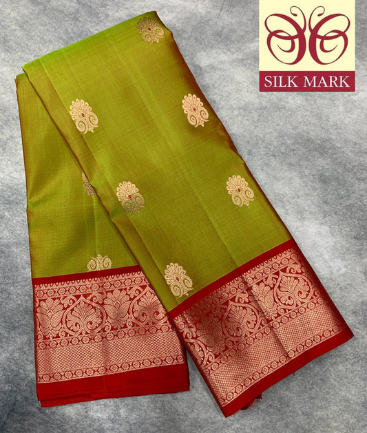 Pure Kanchipuram Silk Saree Primarily Olive Green Colour With Red Border in