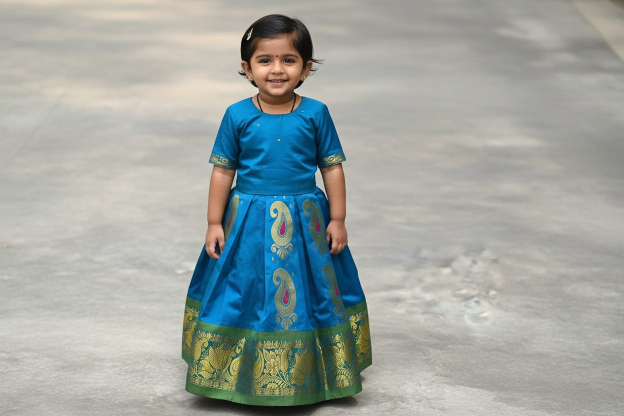 Sky Blue Shade Semi silk Kids Pattu Pavadai with Contrast border for age 5 to 10