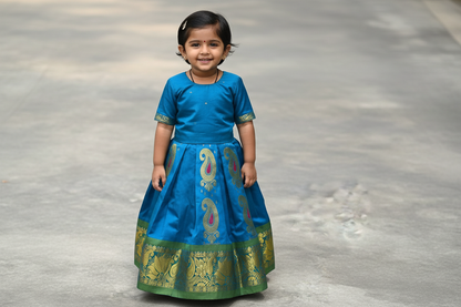 Sky Blue Shade Semi silk Kids Pattu Pavadai with Contrast border for age 5 to 10