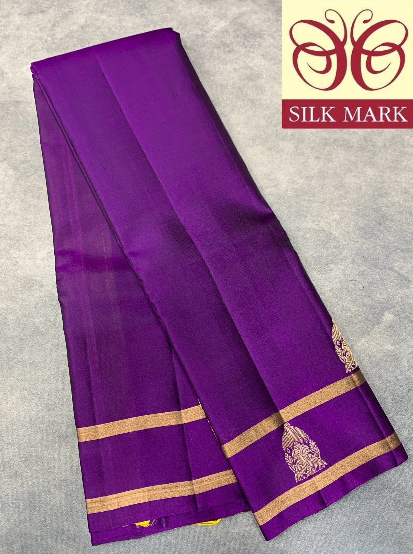 Pure Kanchipuram Silk Saree Deep Violet Colour with Golden Zari Bands Border