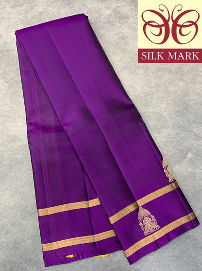 Pure Kanchipuram Silk Saree Deep Violet Colour with Golden Zari Bands Border