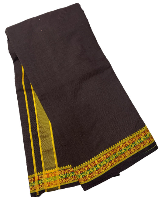 9X5 Cotton Dhoti Dark Brown Colour with Yellow Border