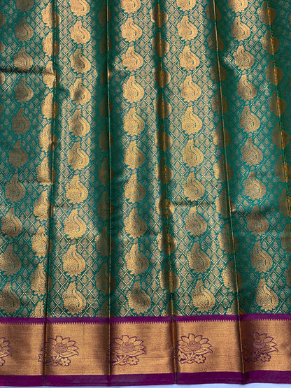 Vegan Silk Saree Rama Green Colour with Copper and Magenta Border