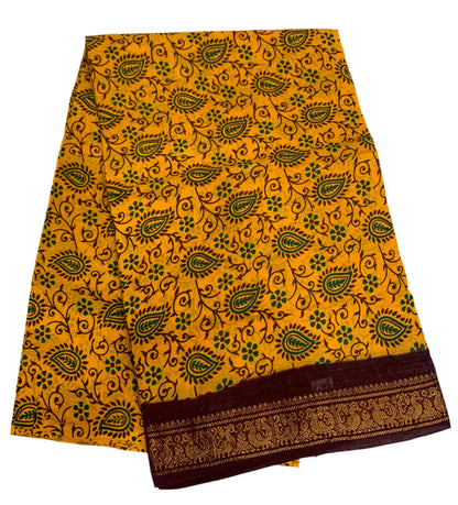 Chettinad Sungudi Cotton Mango Yellow Colour with Brown Border