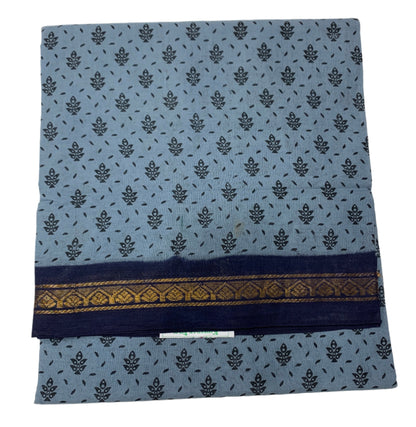 9 yards Cotton Saree Gray Colour with Navy Blue Border