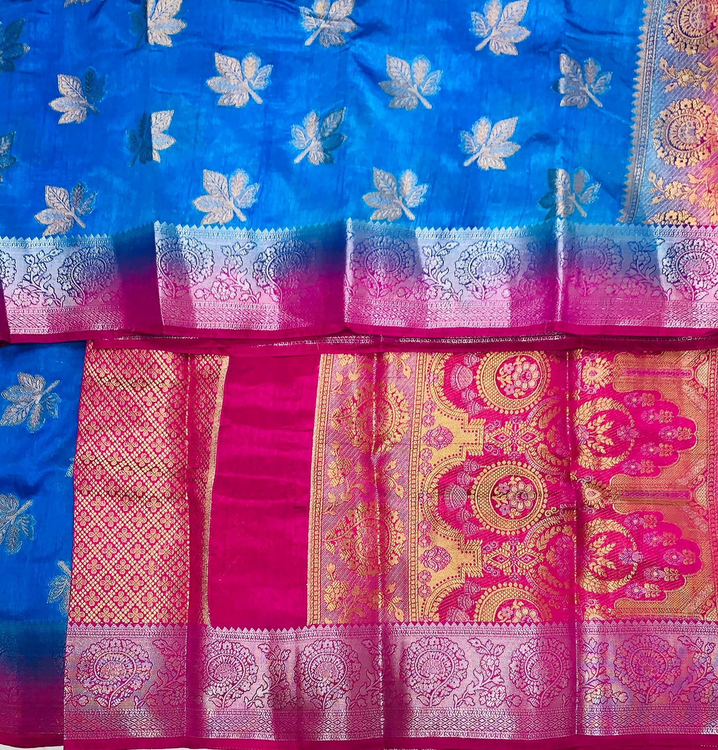 Tussar Saree Sky Blue Colour with Pink Border