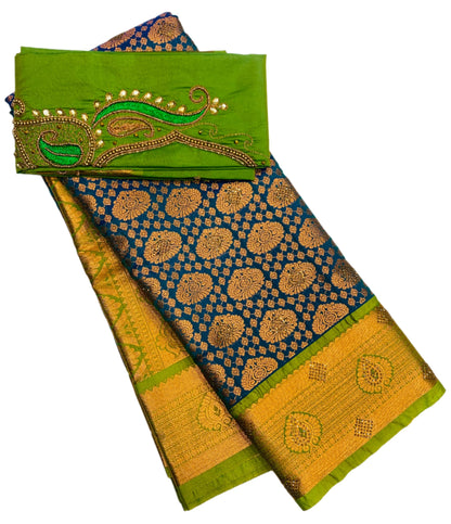 Bridal Vegan Silk Saree Peacock Blue shade with Green Border with Unstitched blouse in Aari work