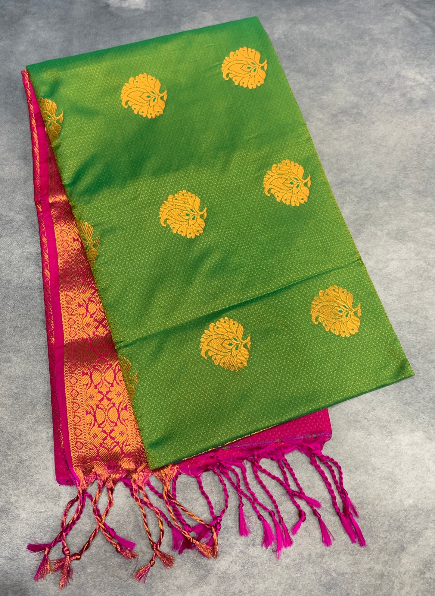 Soft Vegan Silk Saree Light Green Colour with Pink and Copper Border