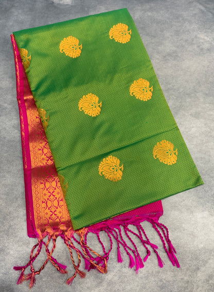 Soft Vegan Silk Saree Light Green Colour with Pink and Copper Border