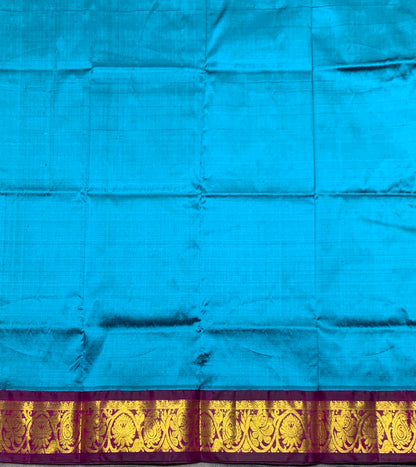 Peacock Blue Shade Pure Kanchipuram Kids Pattu Pavadai with Contrast Border for age 2 to 5
