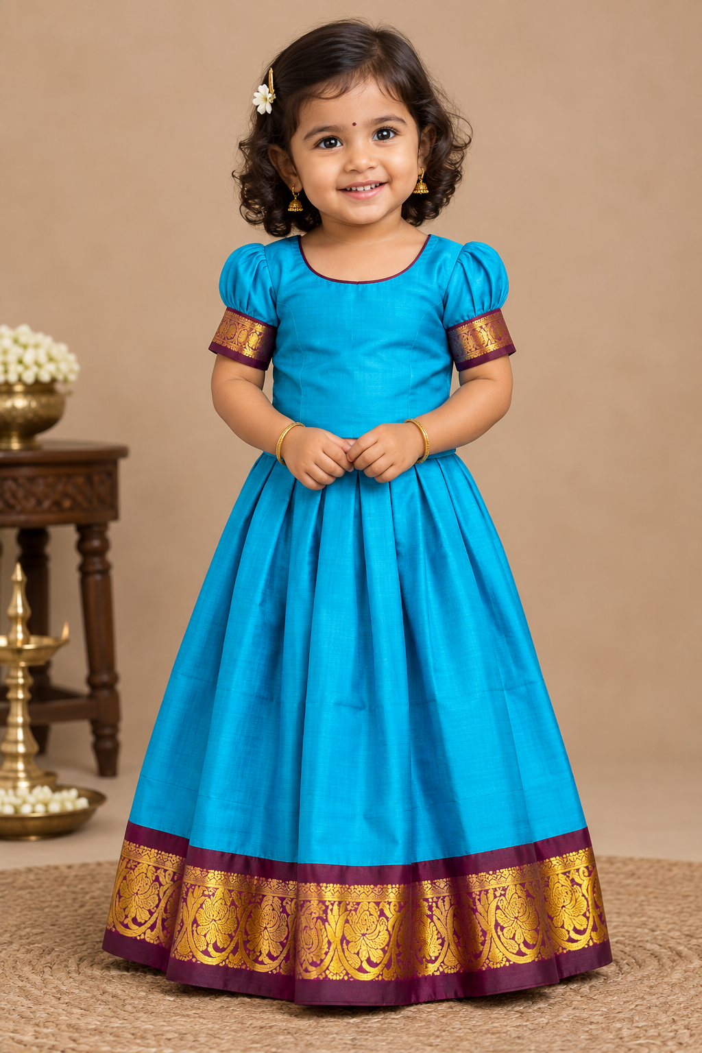 Peacock Blue Shade Pure Kanchipuram Kids Pattu Pavadai with Contrast Border for age 2 to 5