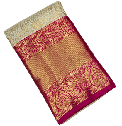 Ivory Colour Semi Silk Saree with Big Pink Border