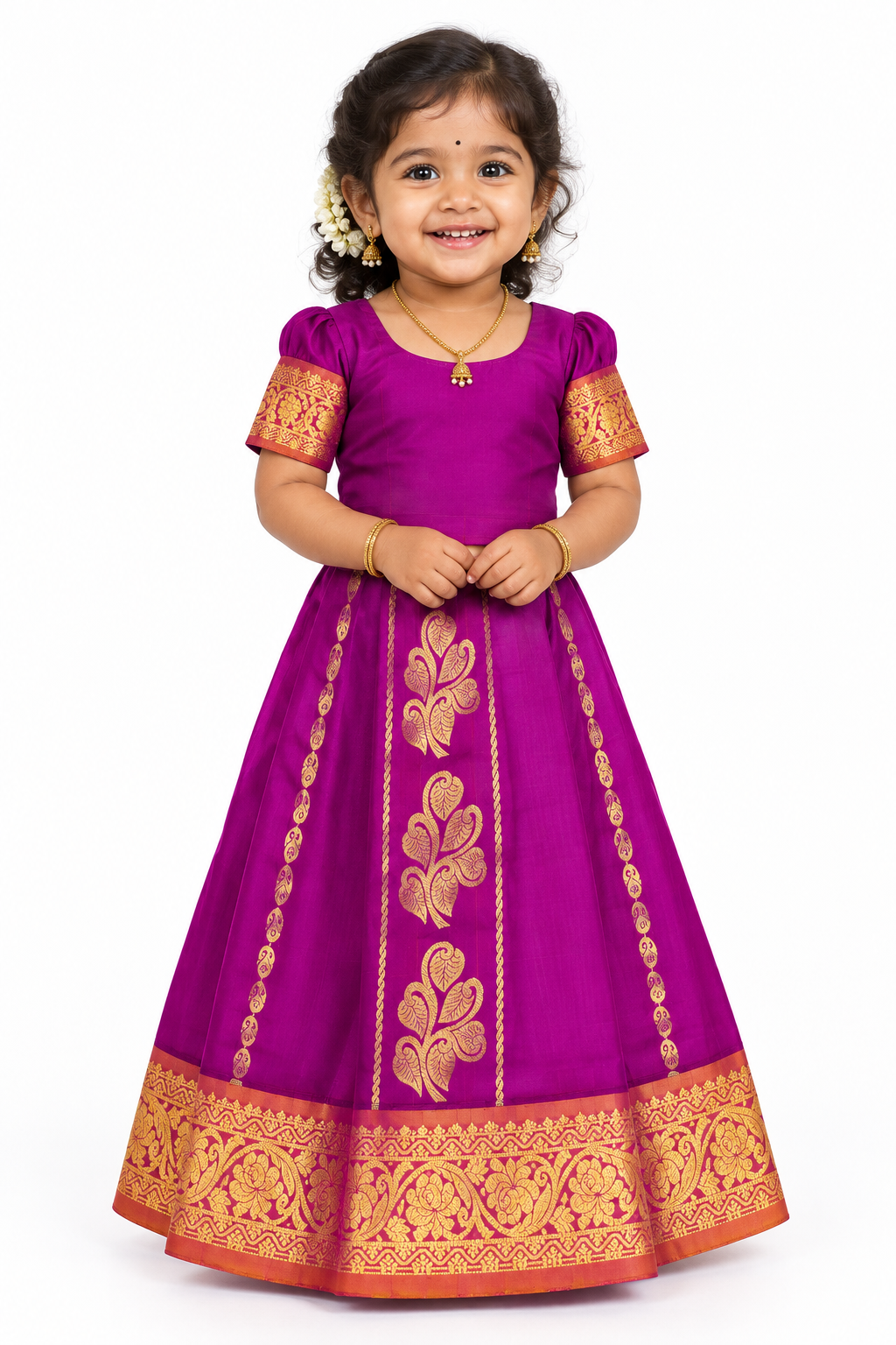 Purple Shade Semi silk Kids Pattu Pavadai with Contrast border for age 5 to 10
