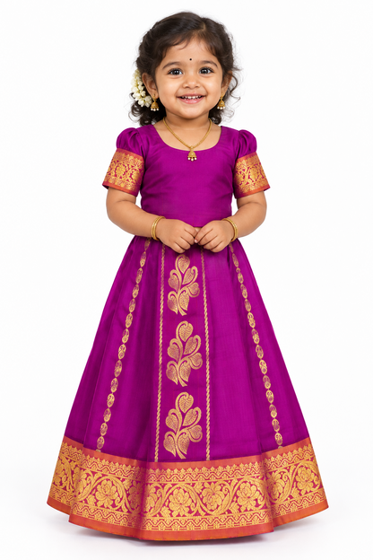Purple Shade Semi silk Kids Pattu Pavadai with Contrast border for age 5 to 10