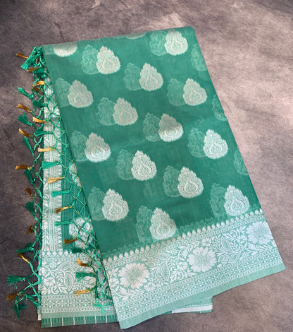 Banaras Katan Saree Light Green Colour with Katan Work Border