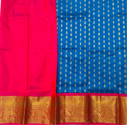 Blue shade Pure Kanchipuram Kids Pattu Pavadai with contrast border for age 5 to 10