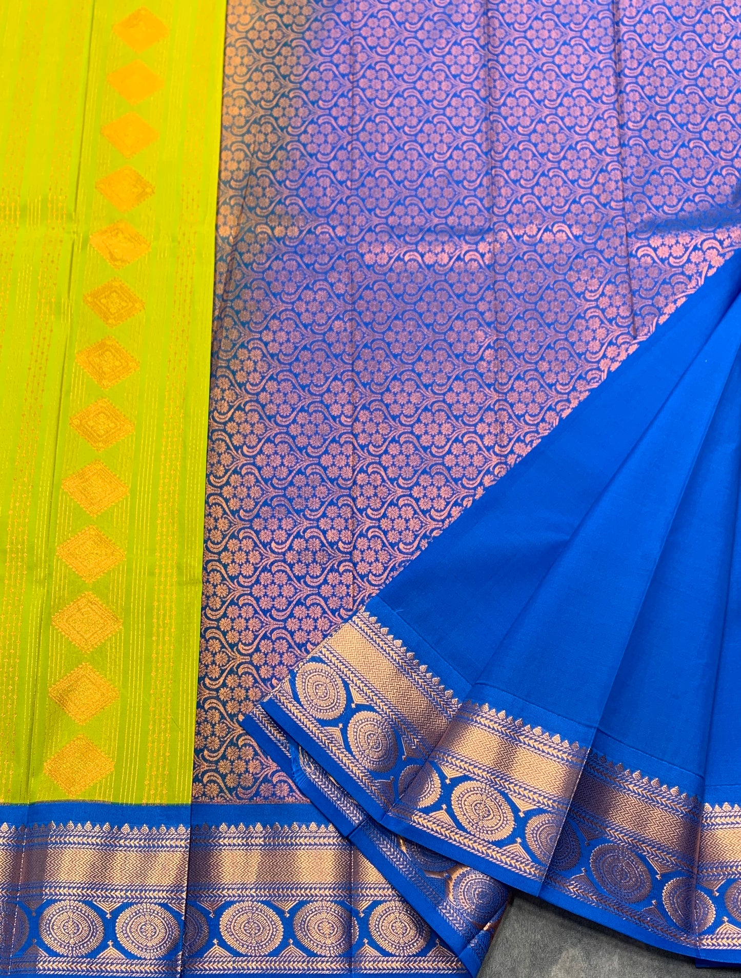Vegan Silk Saree Lime Green Colour Saree with Blue Colour Contrast Border