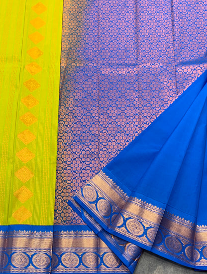 Vegan Silk Saree Lime Green Colour Saree with Blue Colour Contrast Border
