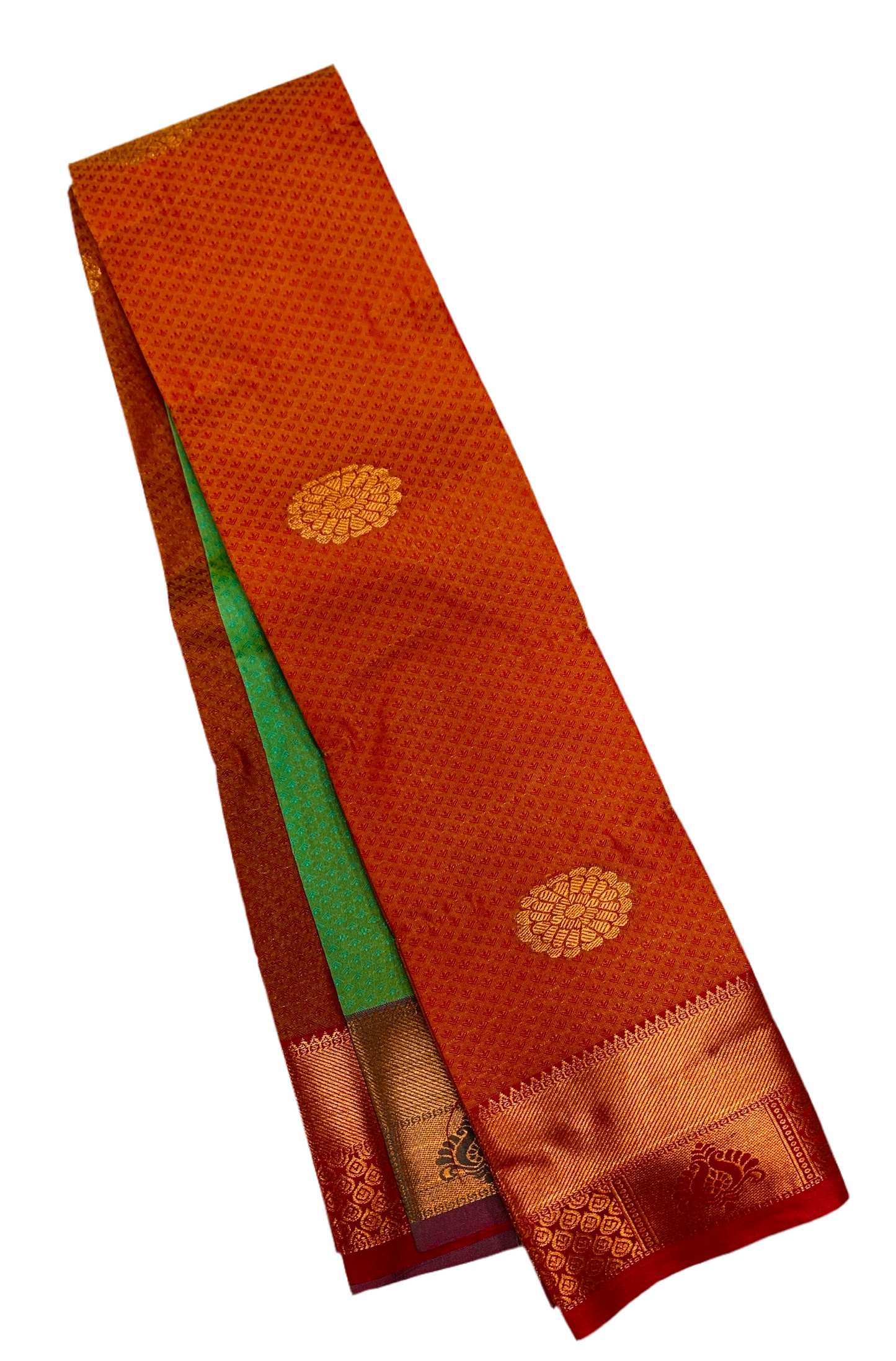 Brownish Orange Shade Silk Cotton Saree with Copper Zari Border and Floral Design