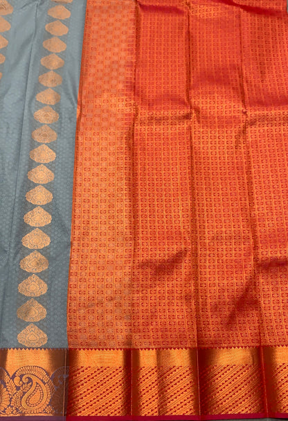 Vegan Silk Saree Gray Colour Saree with Copper Border