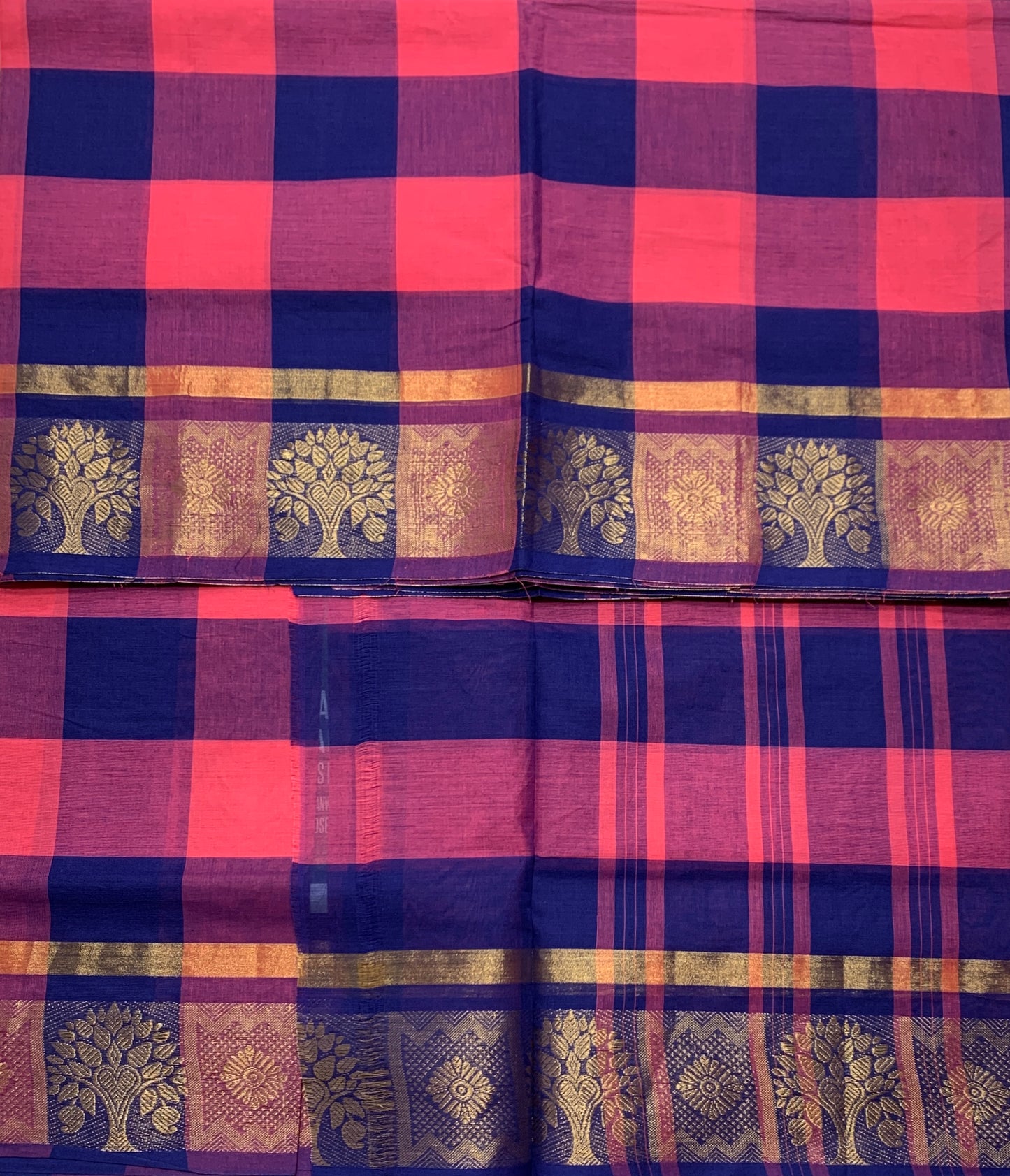 Chettinad Cotton Saree Pink and Blue Colour with Checked Design