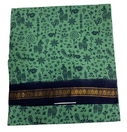 Chettinad Sungudi Cotton Mint Green Colour with Navy Blue Border