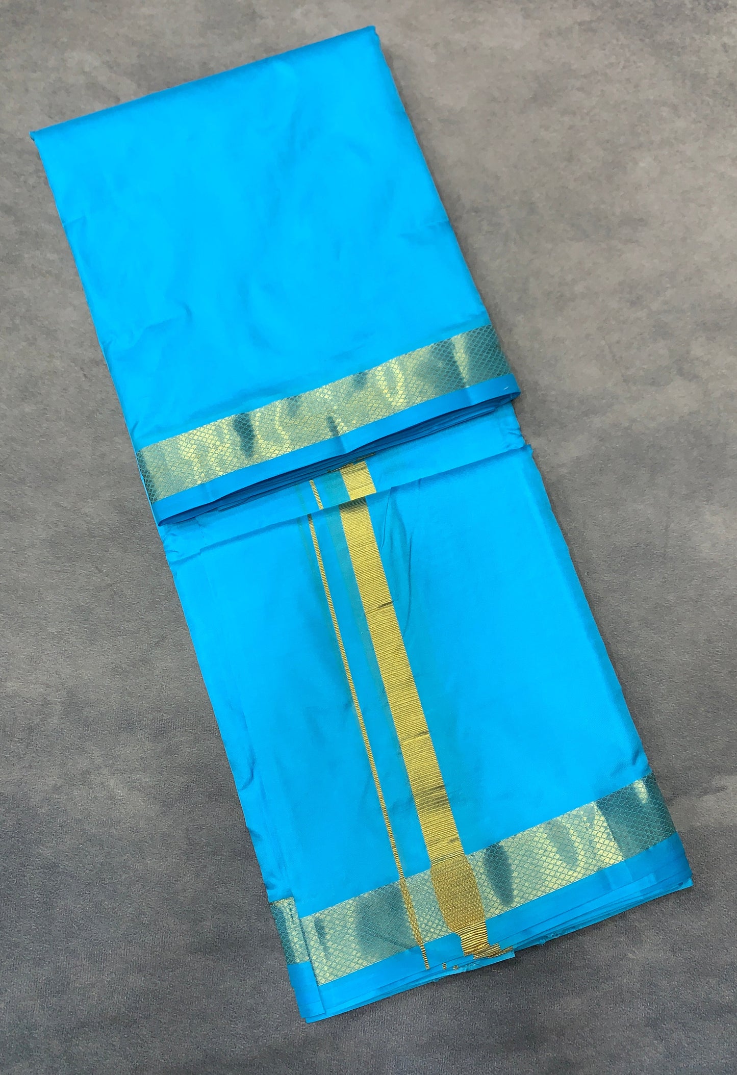 9X5 Pure Silk Sky Blue Colour Dhoti with Golden Zari Border