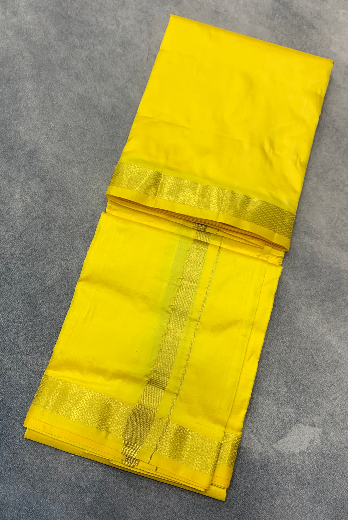 9X5 Pure Silk Lime Yellow Colour Dhoti with Golden Zari Border
