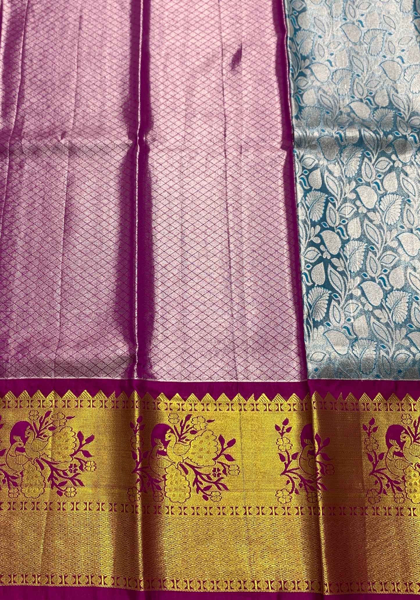Sky Blue Shade Vegan Silk unstitched Pattu Pavadai material for age Above 10 years
