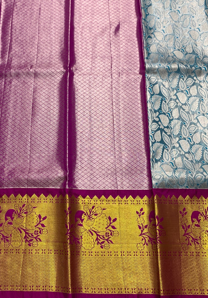 Sky Blue Shade Vegan Silk unstitched Pattu Pavadai material for age Above 10 years
