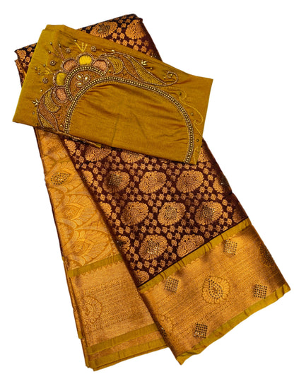 Bridal Vegan Silk Saree Brown shade with Mustard Border with Unstitched blouse in Aari work