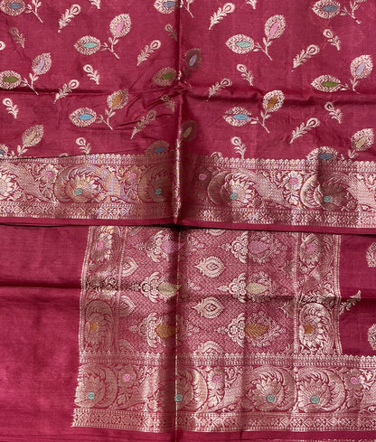 Pure Tussar Silk Saree Wine Pink Colour With Elegant Multicolour Floral Woven Border