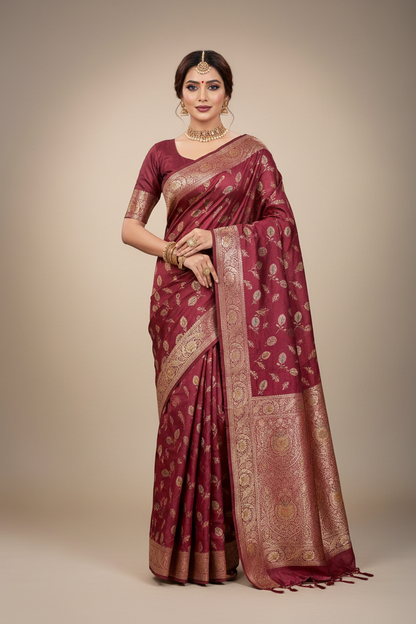 Pure Tussar Silk Saree Wine Pink Colour With Elegant Multicolour Floral Woven Border