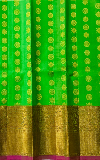 Apple Green shade Pure kanchipuram Kids Pattu Pavadai with Golden border for newborn to 2 Years