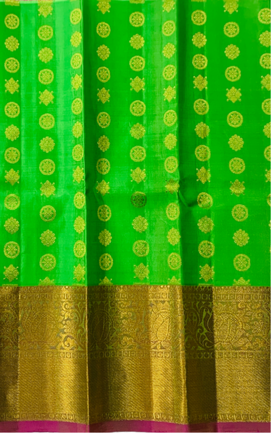 Apple Green shade Pure kanchipuram Kids Pattu Pavadai with Golden border for newborn to 2 Years